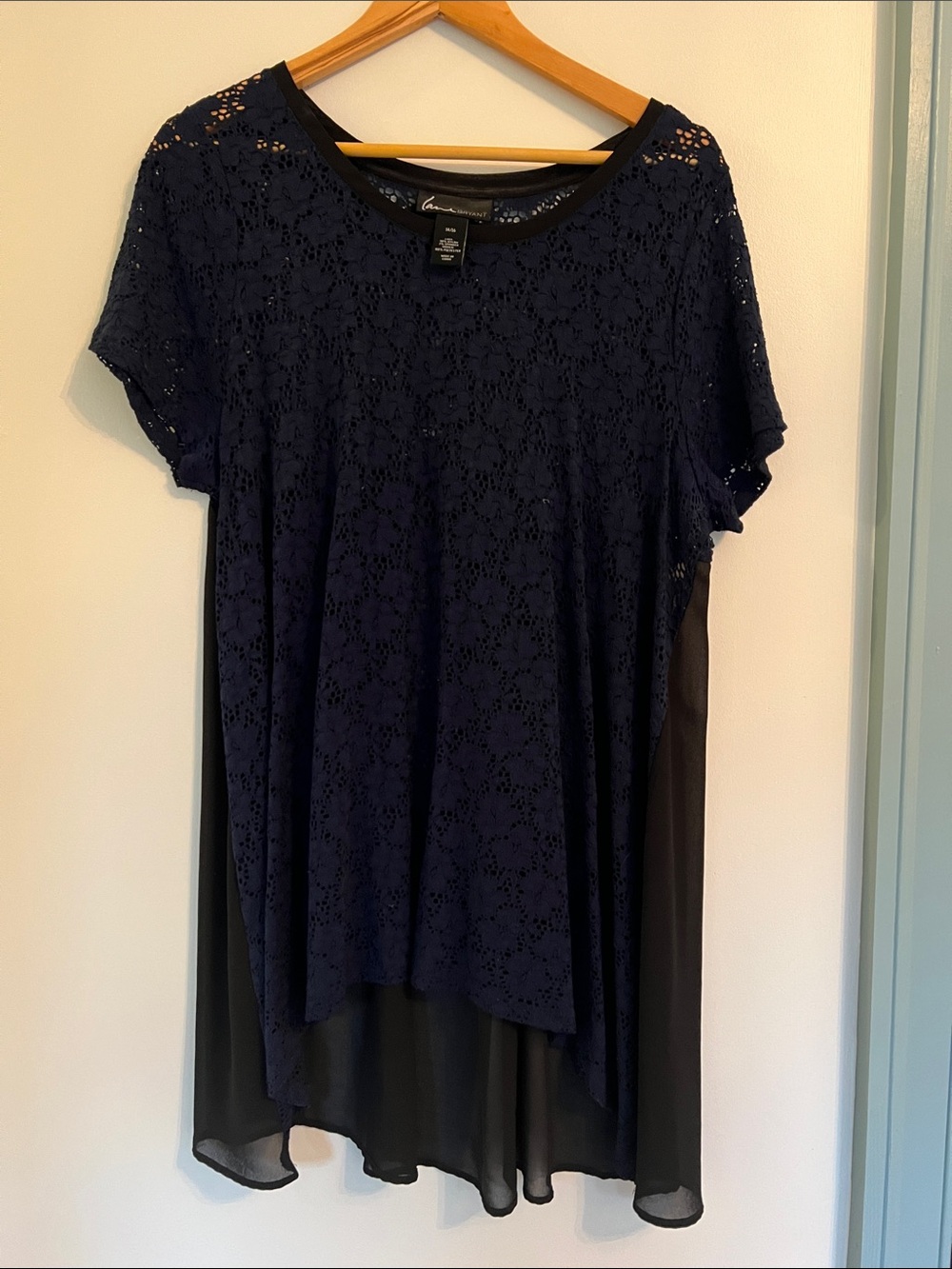 Navy Lace Overlay Chiffon-Back Tunic Blouse